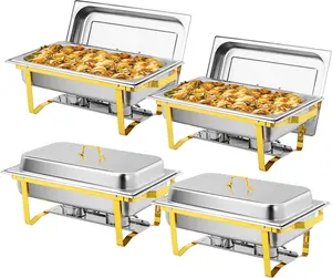 ROVSUN 4 Pack Gold Chafing Dishes for Buffet, 9QT High Grade Chafing Dish Buffet Set, Rectangular Stainless Steel Chafers and Buffet Warmers Sets for Parties Weddings Catering