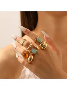 European and American ring set, cross-border, natural stone micro-set ring set, high-end feel, open design, irregular texture, hammered pattern ring, Stackable Rings