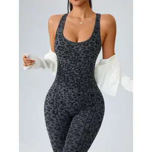 Women's Seamless Leopard Print Running Fitness Jumpsuit, Cross-Back Long Yoga Jumpsuit, Autumn & Winter Yoga Apparel