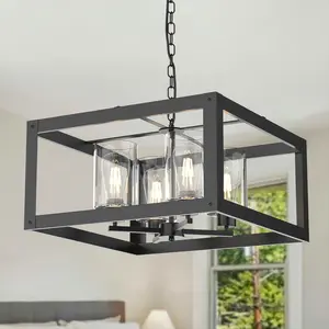 4-Light Black Chandelier, 19" Farmhouse Chandeliers Light Fixture with Glass Shade Lighting Fixtures Modern Ceiling Pendant Lamp for Dining Room Kitchen Island Entrance Bedroom Living Room