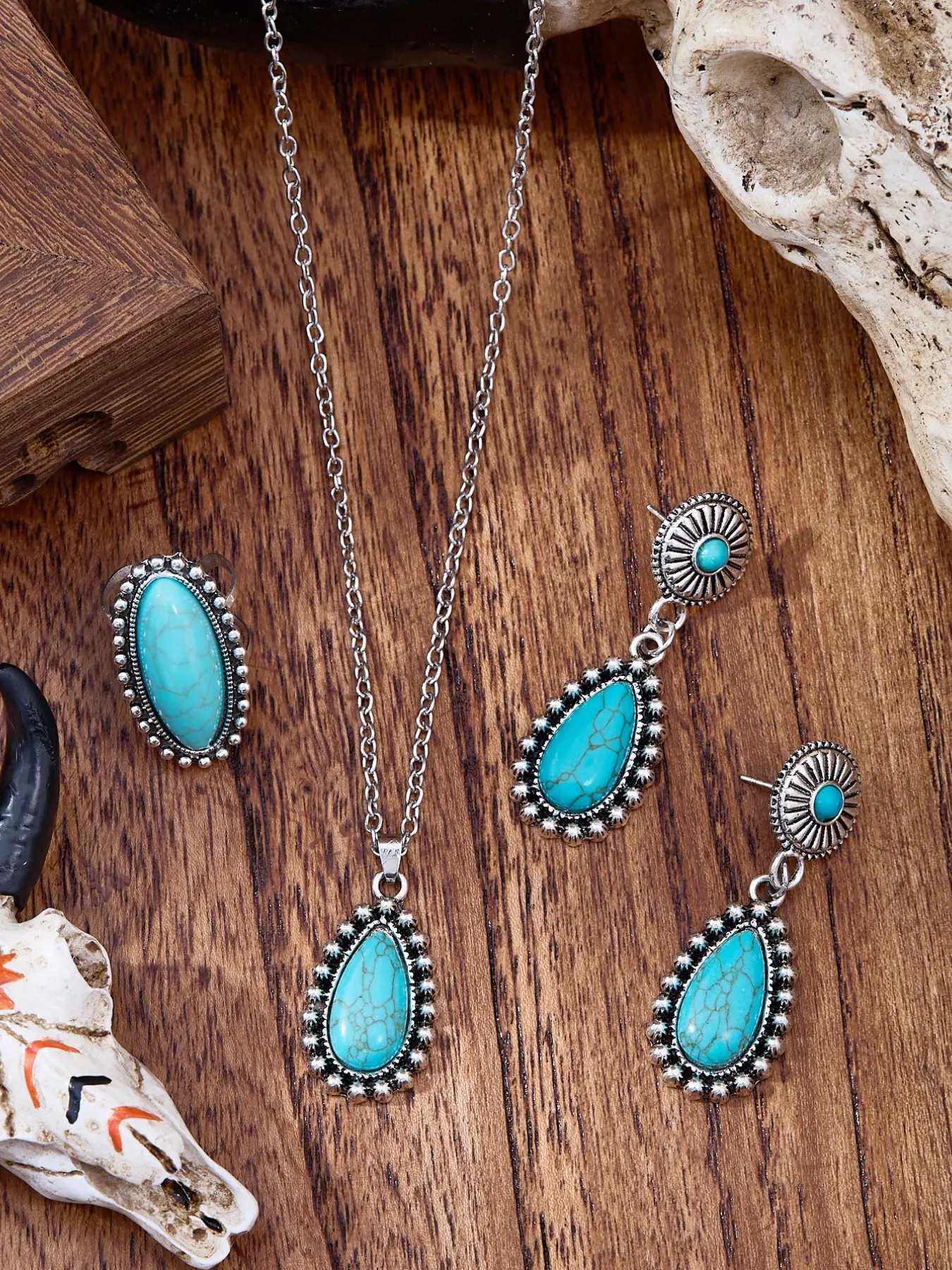Vintage Rustic Western Cowboy Style Adventurous Western Theme Unique Tourmaline Teardrop Shape Jewelry Set, Includes Necklace, Ring, Earrings, Perfect Gift for Women, Gift Ready, Jewelry Accessories