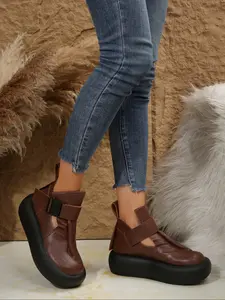 Women's Comfortable Slip-On Platform Rubber Shoes, New High-Top Hollow Out Retro Style Casual Round Toe Single Shoe, One Strap Design, Buckle