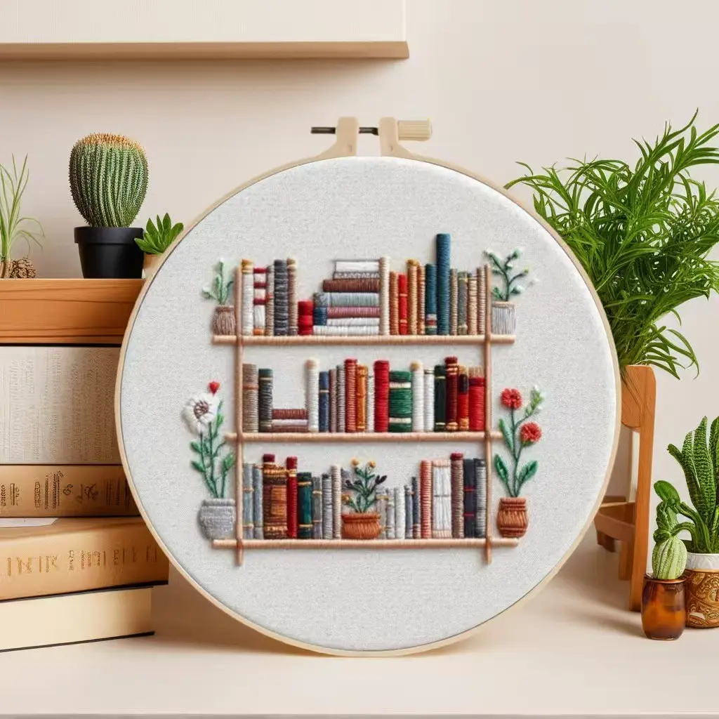 Beginner Embroidery Kit, Elegant Cross Stitch Set, Bookshelf Design, DIY Embroidery Supplies, Includes Printed Cotton Fabric, Thread, Needle, Embroidery Craft, Handcraft, DIY Kits, Stylish Embroidery Kit, Embroidery Kit For Beginners