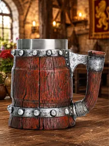 The Armored Kingdom Aleforge Ancient Mountain Large-Handled Mug - 16 oz Cold-Cast Resin & Stainless Steel Barrel-Style Cup, Iron Bands, Wooden Texture, Reusable, Washable, Personalized for Dwarven Lords, Classic Kitchen Drinkware