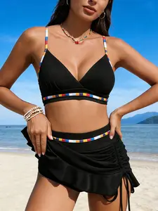 Women's Bikini Set with Ruffle Skirt, Adjustable Straps, Tummy Control, Two-Piece Swimsuit, Bikini Swimsuits, Summer Beachwear, Fashionable Swimwear, Skirted Bathing Suit, Colorblock Bikini