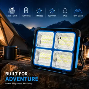 Solar Rechargeable LED Work Light, 288 Super Bright 5730 Beads Floodlight with USB & Type-C Charging, 5 Lighting Modes, IP66 Waterproof Portable Lamp for Camping Fishing Emergency Outdoor Use