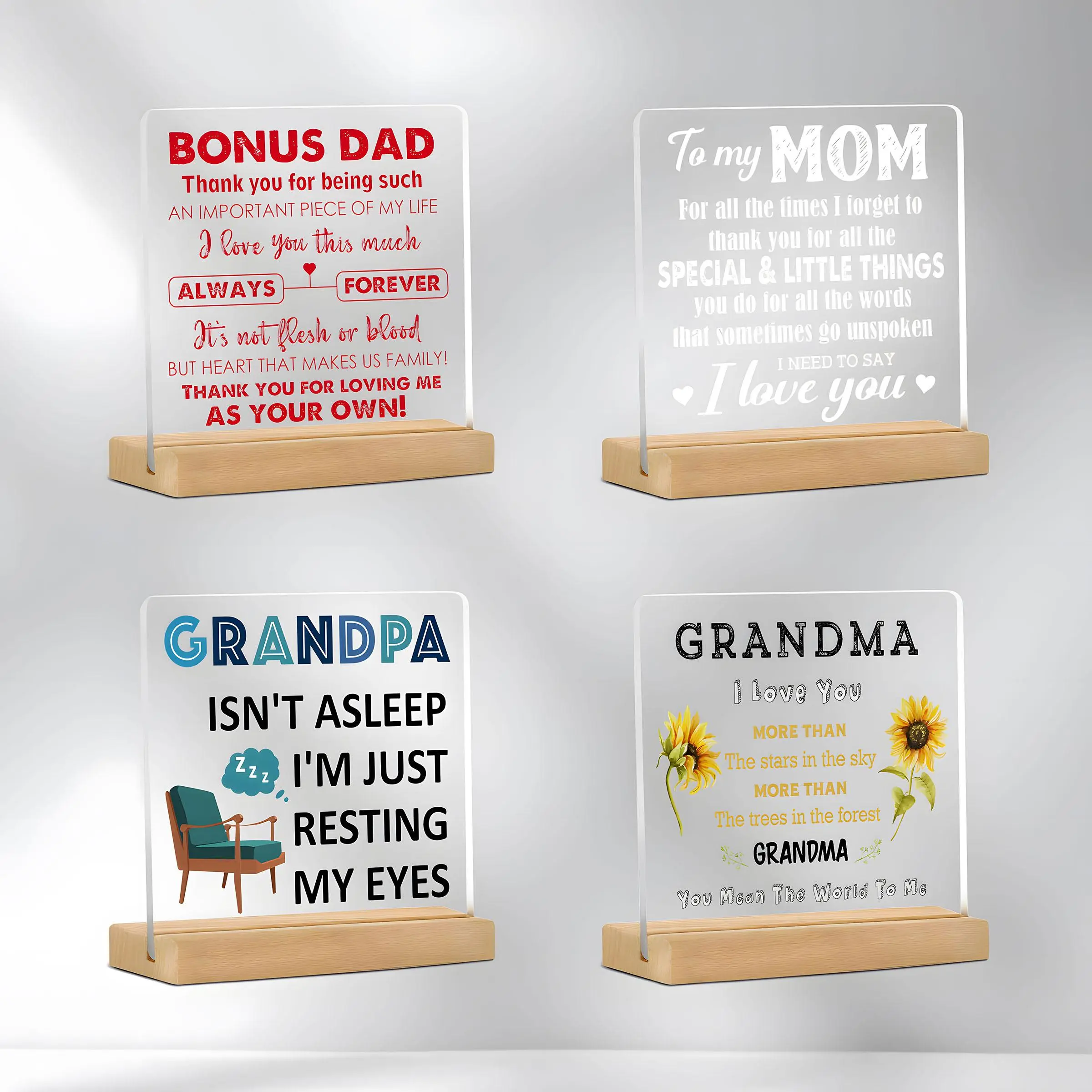 Grandpa & Grandma & Mom & Dad Themed Acrylic Ornament, 4 Counts/set Desktop Decoration, Home Decor for Living Room Bedroom, Gift for Grandpa & Grandma & Mom & Dad