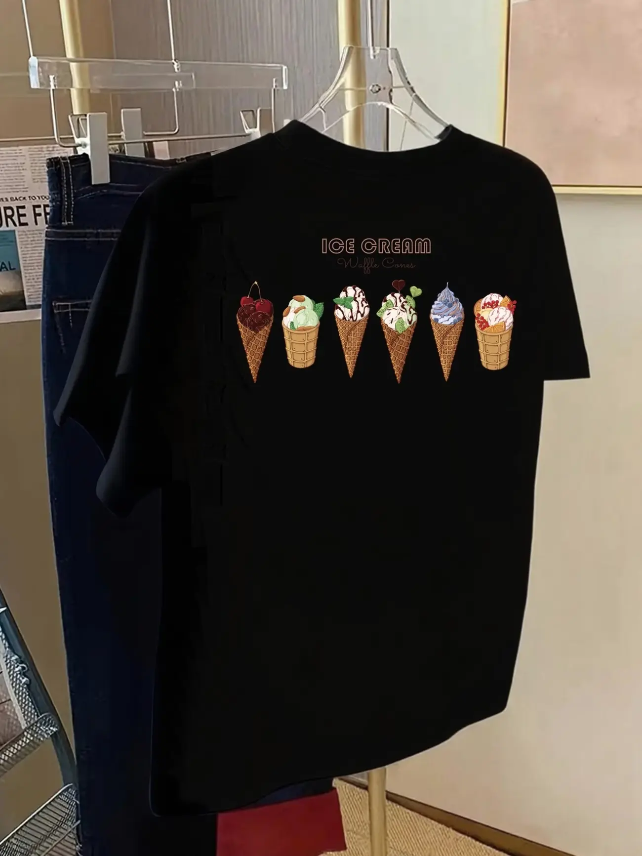 Ice Cream Cones, Ice Cream Print Tshirt Short Sleeve Crew Neck Casual Top for Summer Spring, Women's Clothing