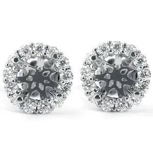 5/8ct Diamond Halo Studs Mounting Fits 5.5-6.5mm Round Stones 14k White Gold