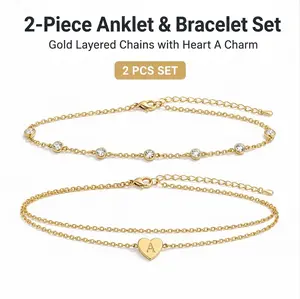 Set of 2 chains (1 single-stone thin chain + 1 double-layer heart letter chain), anklet and bracelet for stacking; 14K gold-plated, low-allergen material; heart letter “A”; summer, vacation style, everyday casual, light luxury niche, girlfriend gift.