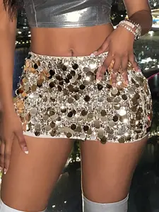 Women's Sparkly Mini Skirt,Champagne Gold Contrast Sequin Appliques,Seductive Drop Waist Regular Fit,Summer Nightclub Party Night Out Skirts