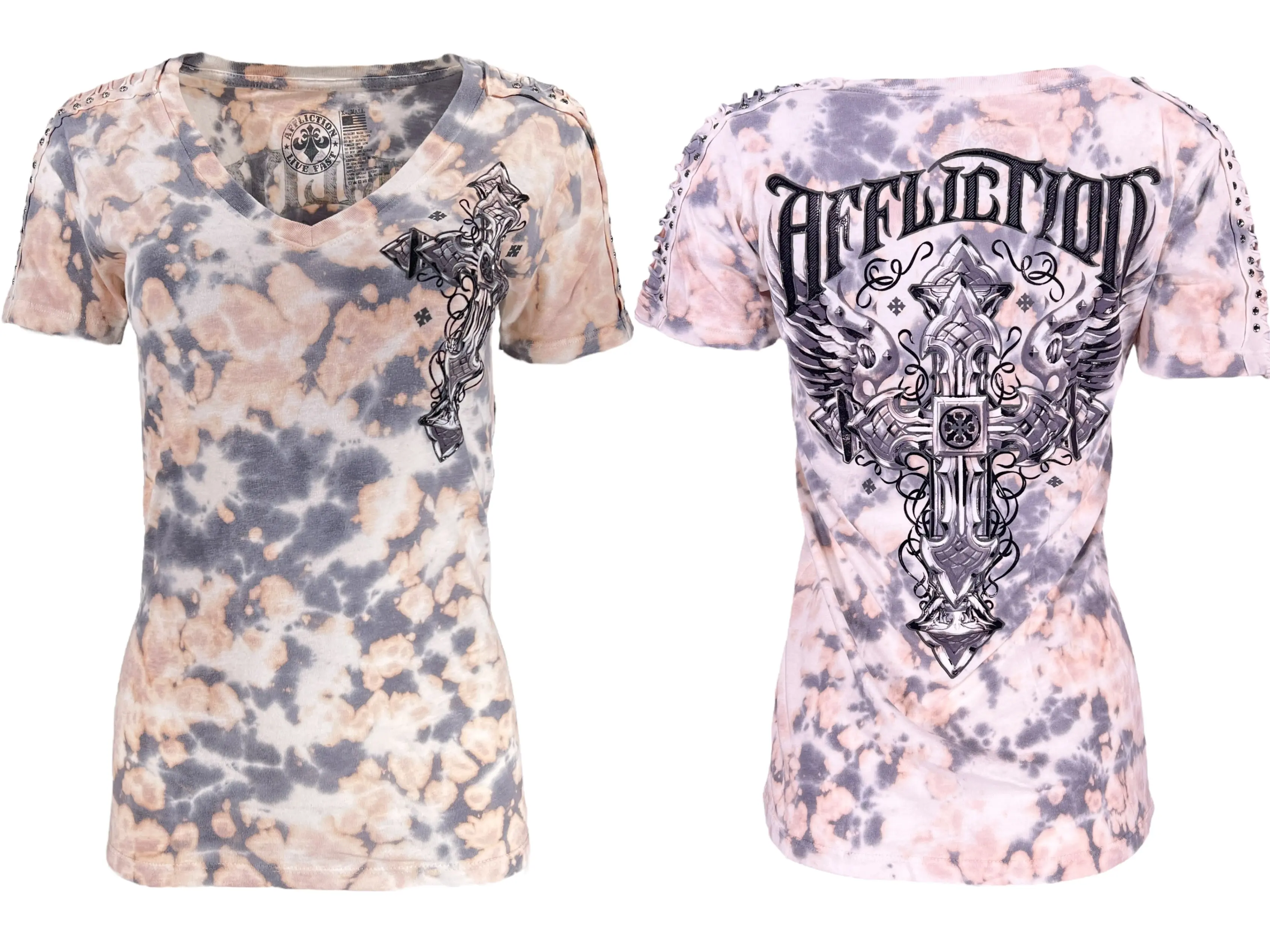 Affliction Women's Venetian Fleet Angel T-Shirt, Gothic Cotton V-Neck with Rhinestones, Shortsleeve Granite Wash, Lady, Tshirt, Rhinestone Accents, Alt Style, Biker, Casual, Pull On, Xs