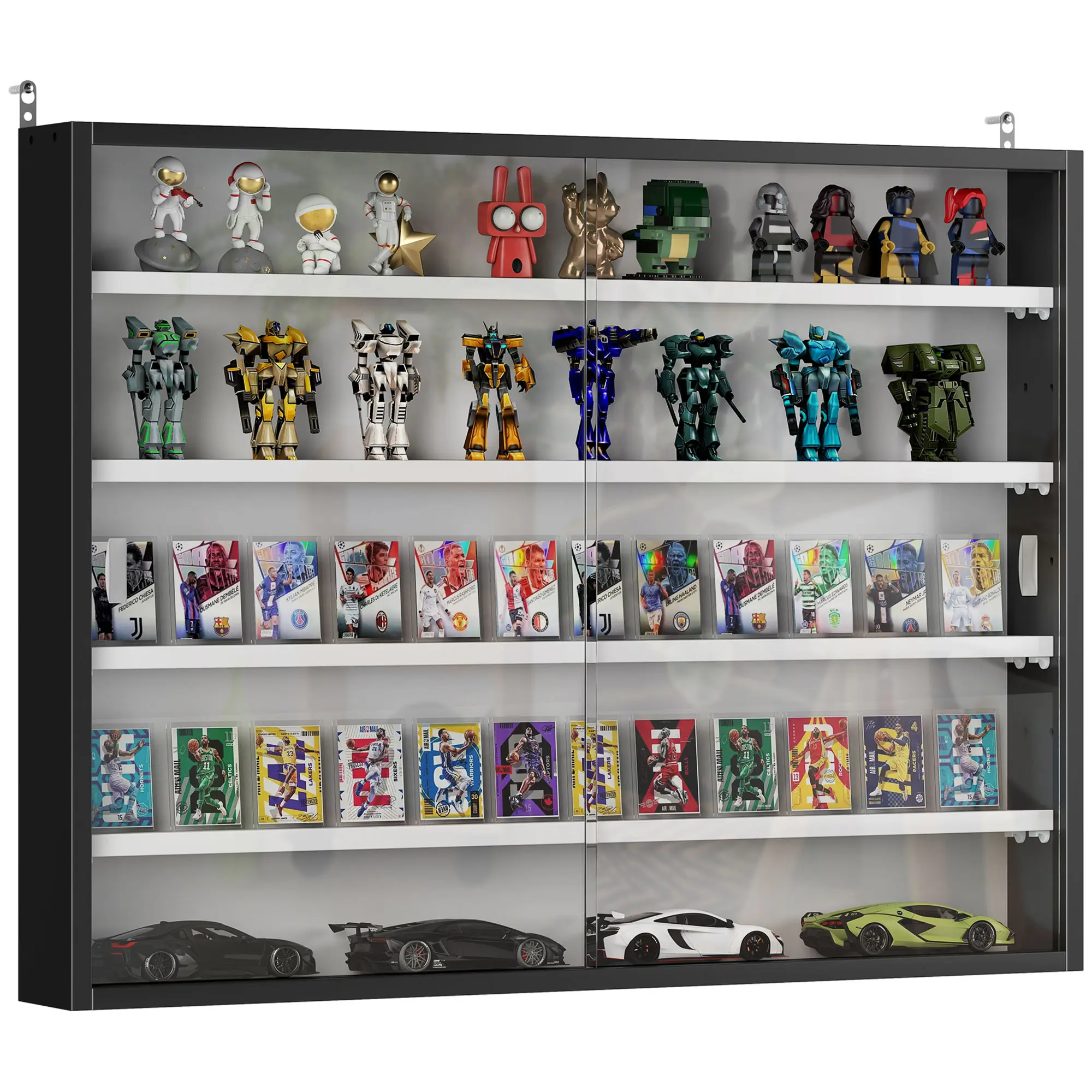 5-Tier Wall-Mounted Display Cabinet – 2 Glass Doors & 4 Adjustable Shelves with 7 Height Options. Transparent Glass for Clear View. Perfect for Collectibles, Perfume, Figurines & Medals. Black