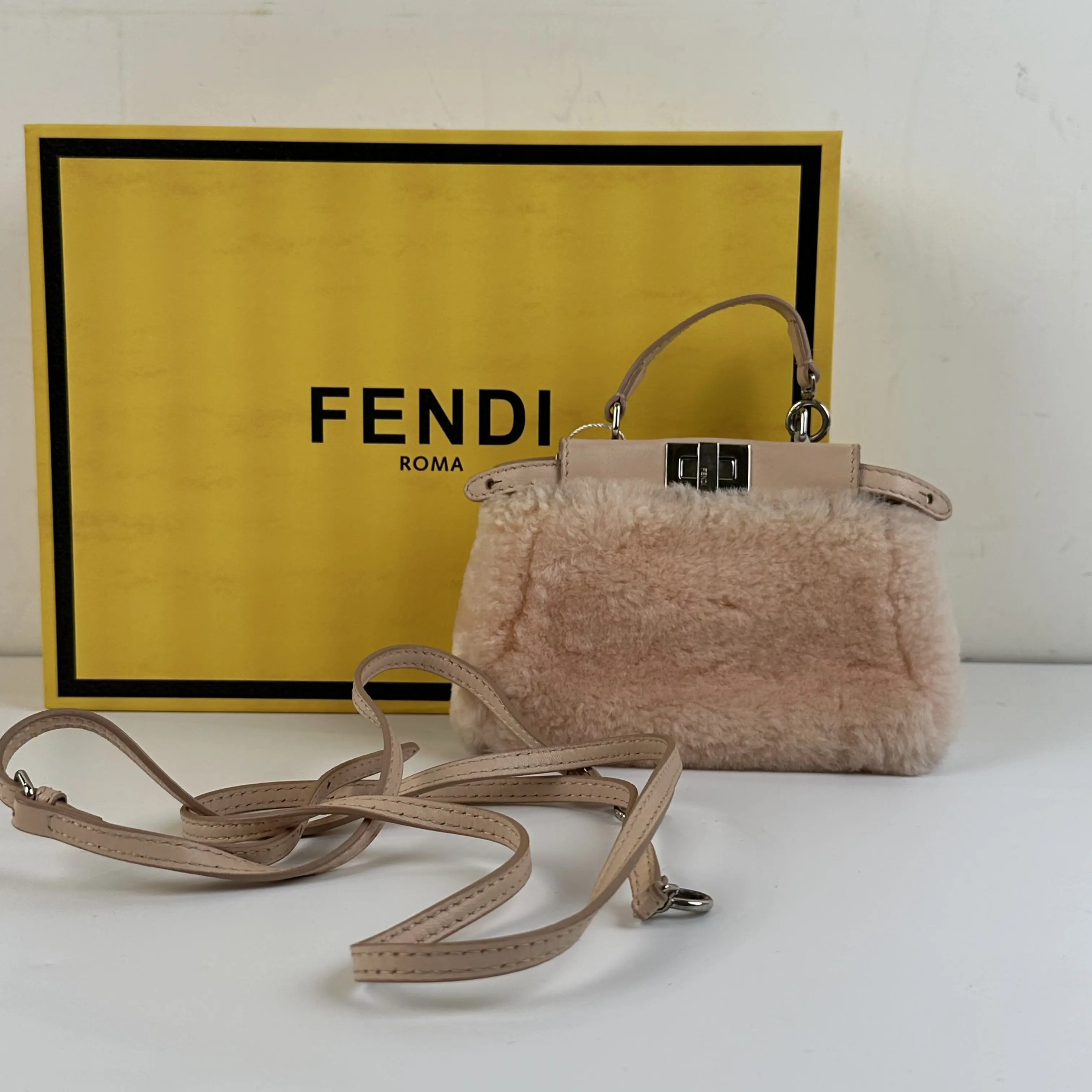 Pre-owned FENDI Micro Peekaboo Shearling & Leather Trim Crossbody Bag							c