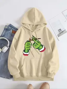 Women's Christmas Cartoon Frog Print Drop Shoulder Thermal Lined Hoodie, Fashion Casual Drawstring Pocket Hooded Sweatshirt for Daily Holiday Outdoor Wear, Women Clothing for Fall & Winter