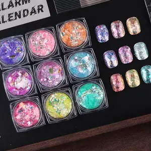 9 Pcs Iridescent Opal Flakes Nail Glitter Set, Holographic Chunky Flakes Aurora Chrome Nail Powder for DIY Manicure, Nail Art Decoration