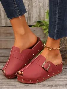 New Spring Summer 2026 Thick Sole Fish Mouth Buckle Sandals, Casual Medium Heel Large Size Studded Lightweight Slippers Footwear Women