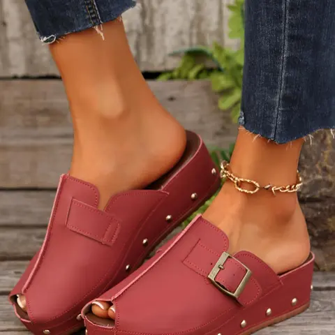 New Spring Summer 2026 Thick Sole Fish Mouth Peep Toe Buckle PU Leather Mules Sandals, Casual Medium Heel Large Size Studded Lightweight Slippers Footwear Women Shoe
