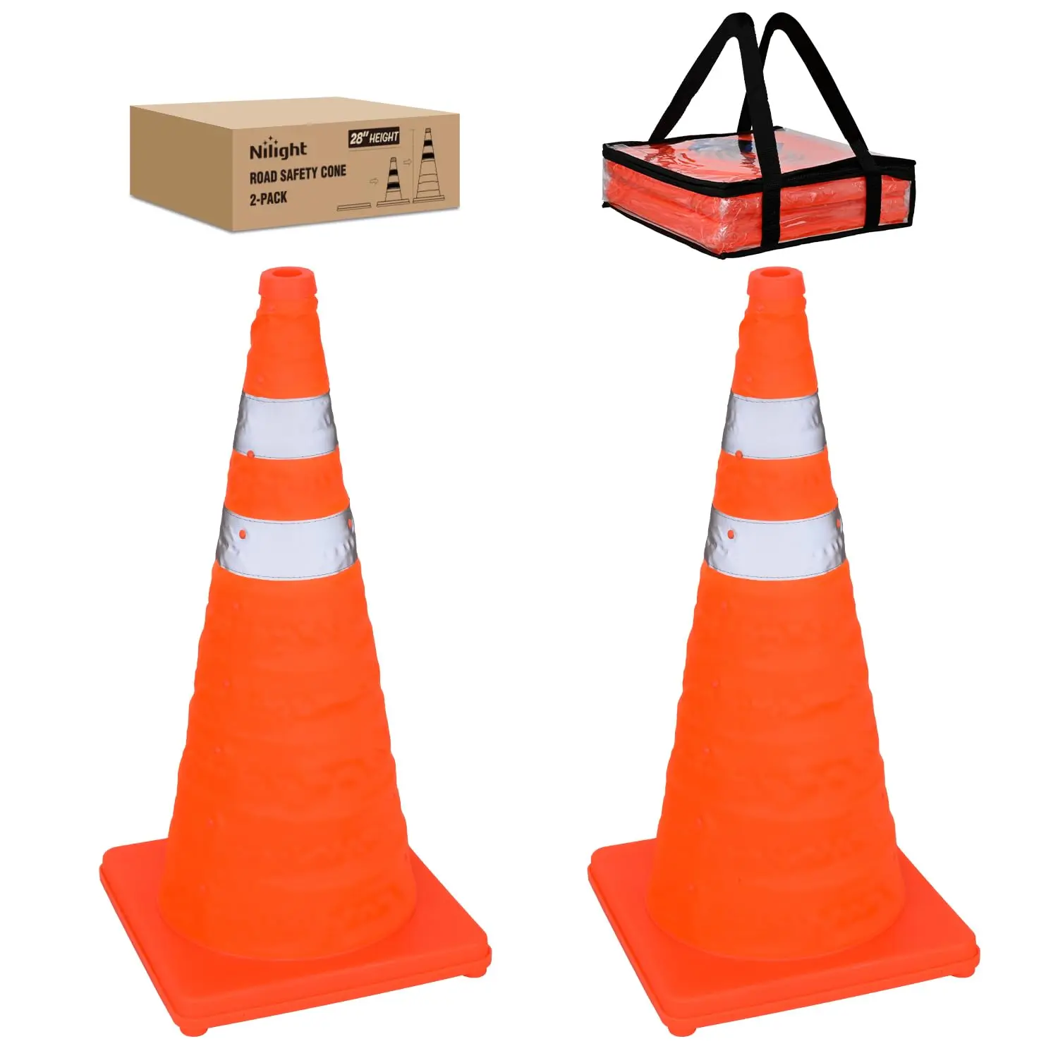 Nilight 2-Pack 28-in Unfolded Durable Oxford Fabric Collapsible Neon High-Visibility Reflective Striped Traffic Cones - Bright Orange for RV Camping, Outdoor Roadside Safety, Area Marking