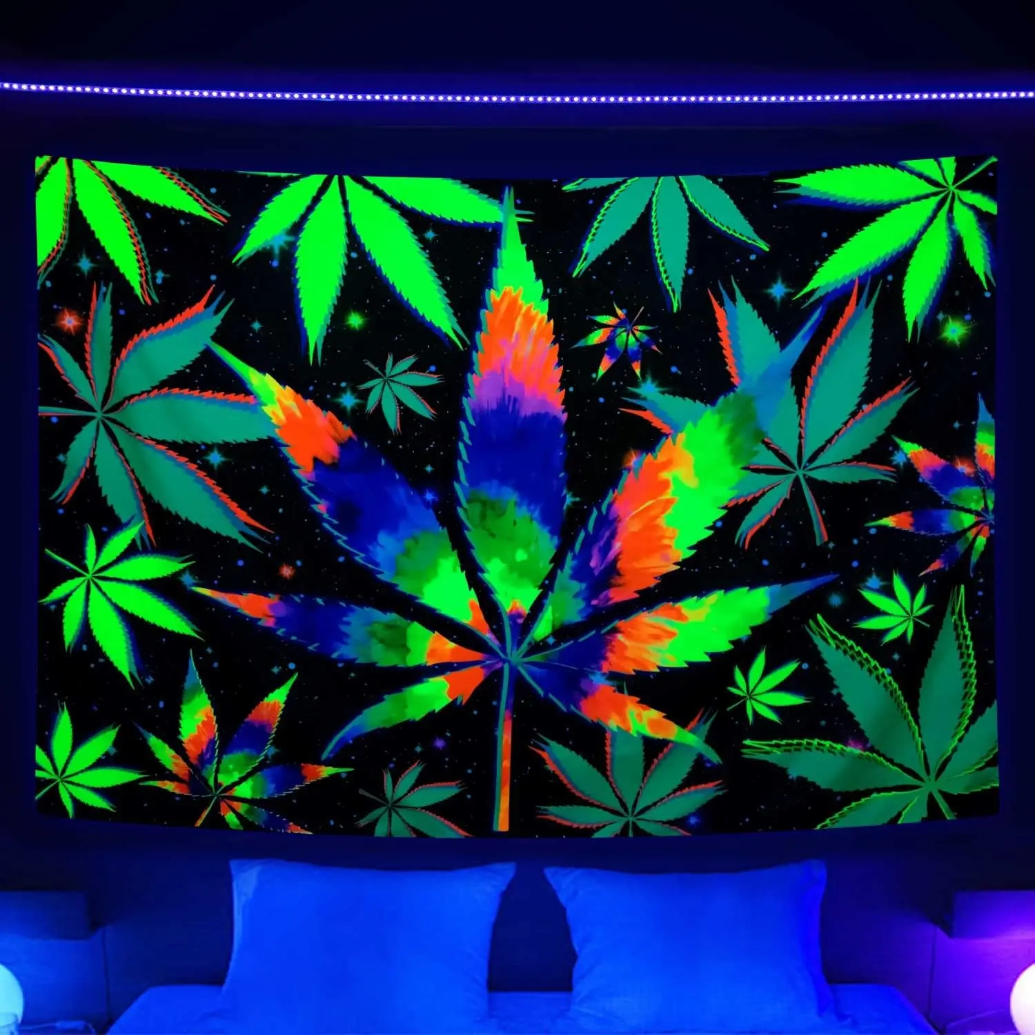 60in x 40in tapestry Blacklight Trippy Weed UV Reactive Tapestry, Psychedelic Hemp Leaf Tapestry Cool Colourful Tie Dyed Marijuana Small Black Light Tapestries for Mens Bedroom Living Room Dorm, 60X40IN