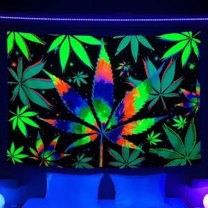 60in x 40in tapestry Blacklight Trippy Weed UV Reactive Tapestry, Psychedelic Hemp Leaf Tapestry Cool Colourful Tie Dyed Marijuana Small Black Light Tapestries for Mens Bedroom Living Room Dorm, 60X40IN