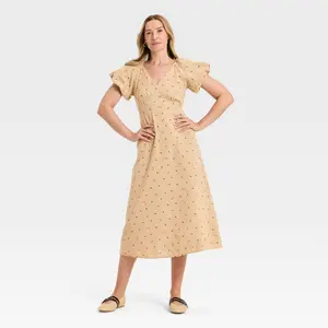 Women's Puff Short Sleeve Midi Sundress - Universal Thread Tan Floral L