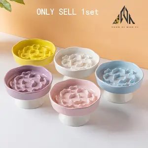 Ceramic Slow Food Bowl High Footed Cat Bowl Neck Protection, Not Easy to Knock over Dog Anti Choking Pet Bowl, Cross-Border Cat Food Bowl, Elevated Slow Feeder