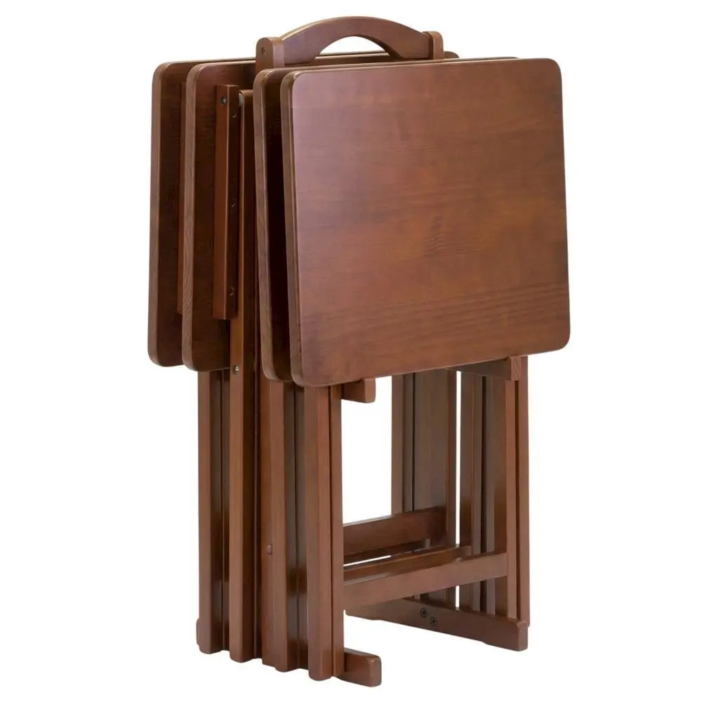 Rectangular Transitional Solid Wood Indoor Furniture Set - 4-Piece Foldable Trays with Matching Storage Rack, Walnut Finish, TV Side Table, TV Stand, Bedside Table
