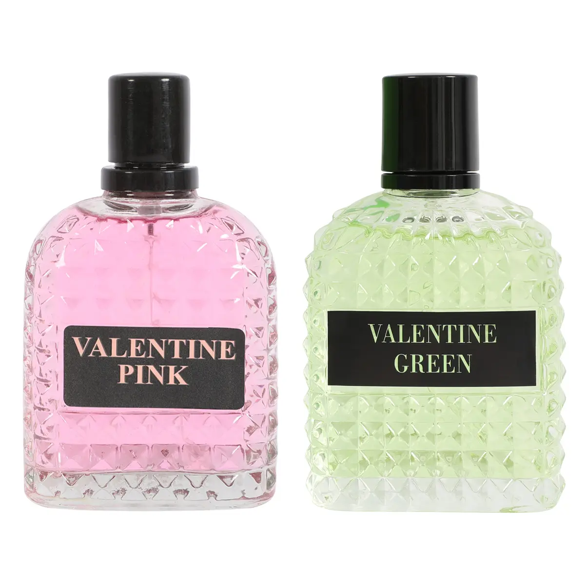 Pink & Green Fragrance Set - Elegant Glass Bottles with Black Caps - Perfect for Gift or Personal Use