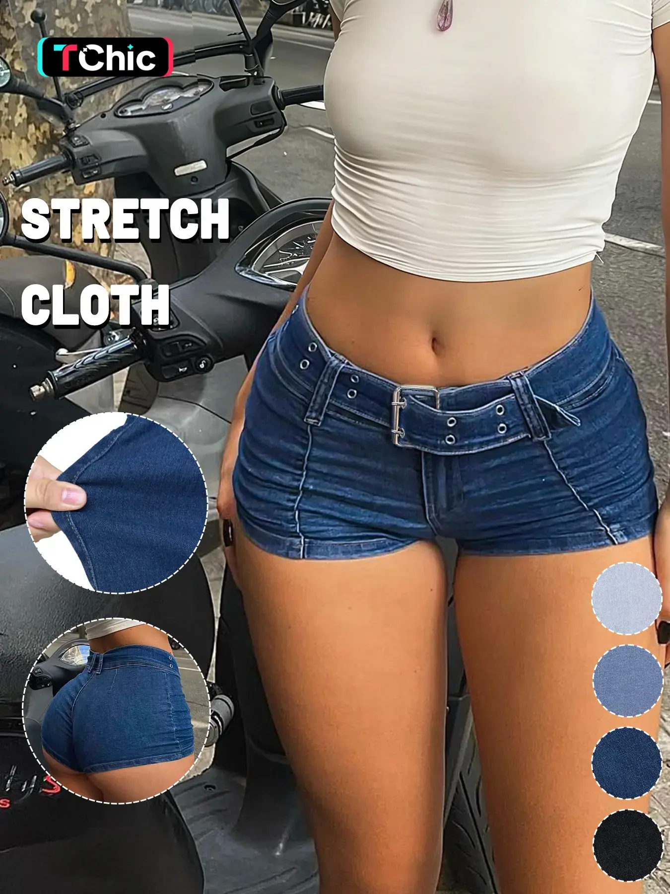 GILIPUR Women's Waist Buckle Design Skinny Casual Versatile Denim Shorts,Low-rise mini women's shorts,Belt design,medium stretch fabric,Summer fashion items,T-Chic