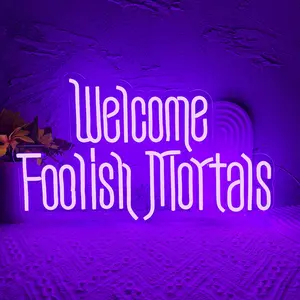 Welcome Foolish Mortals Neon Sign, USB Powered LED Neon Light, Dimmable Spooky Gothic Haunted Mansion Decor, Novelty Lighting for Party Haunted House