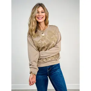 Floral Front Embroidery On Long Sleeve Sweatshirt