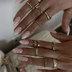 French Polka Dot Almond Press-On Nails, Almond Fake Nails, 24pcs with Jelly Glue and Nail File, Perfect for Holidays, Daily Wear, School, Office, Party