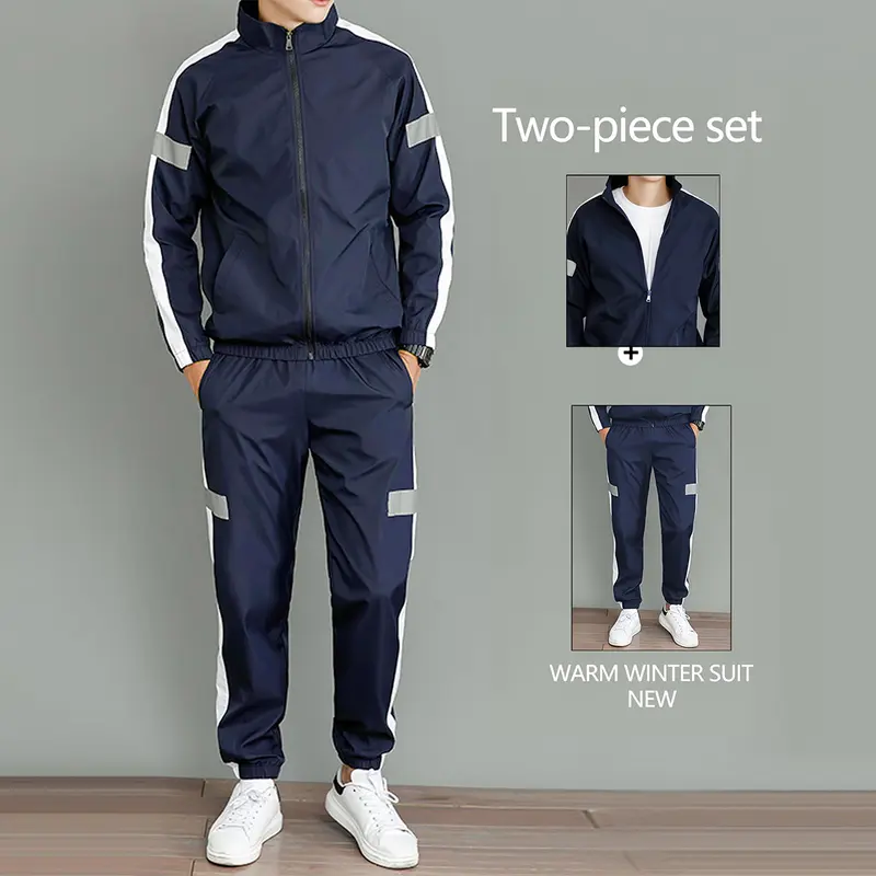 Men's 2-Pc Athleisure Tracksuit Outfit - Basic Fitted Stylish Casual Set, Mock Neck Long Sleeve Top & Matched Pants, Gym Workout Apparel for Spring-Autumn