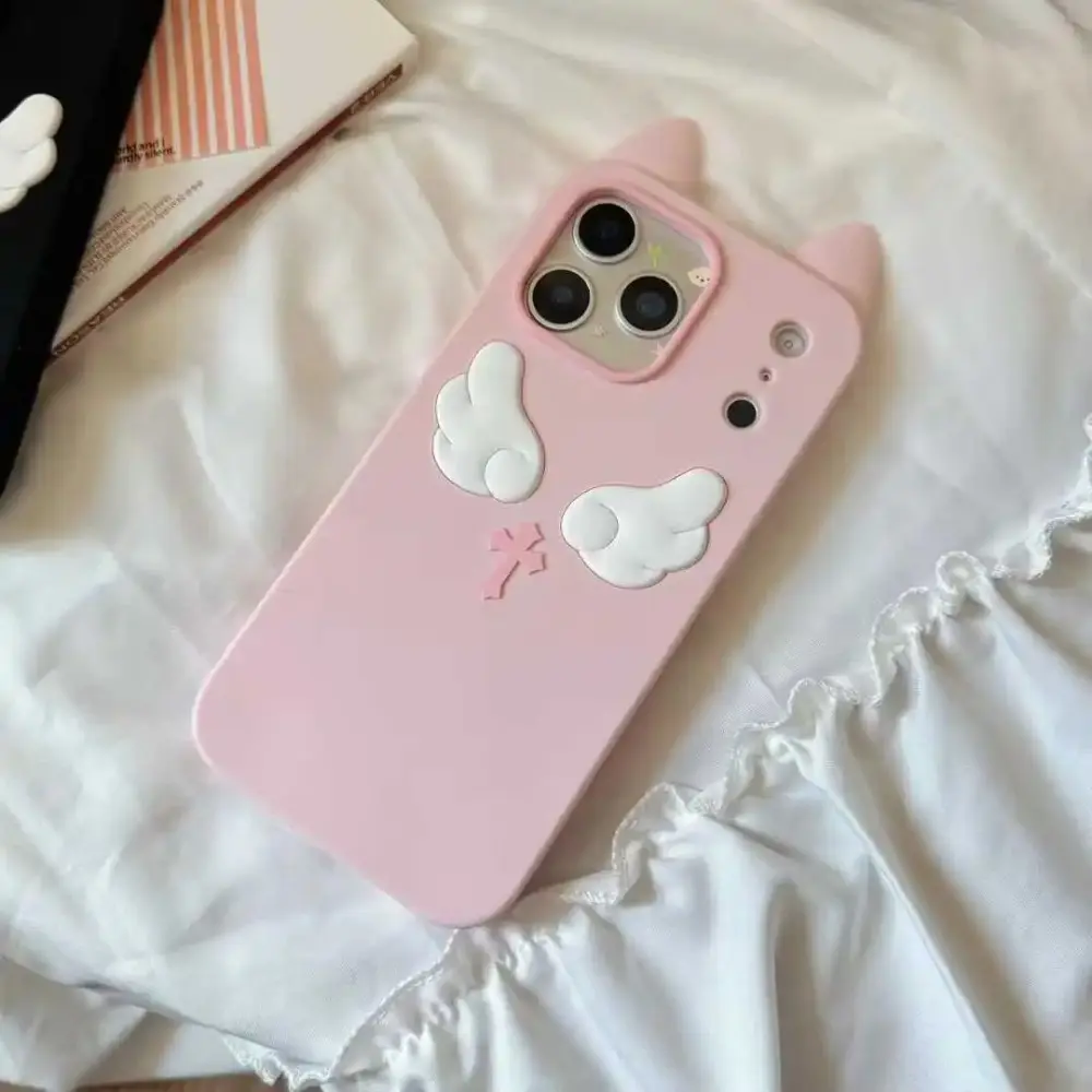 Cute Cat Ear Angel Silicone Soft Case Protector For iPhone 17 16 15 14 13 Pro Max Phone Protective Cover Silicone Covers Accessories Protection Mobile Phone Casing Smartphone Phone Cover Casing
