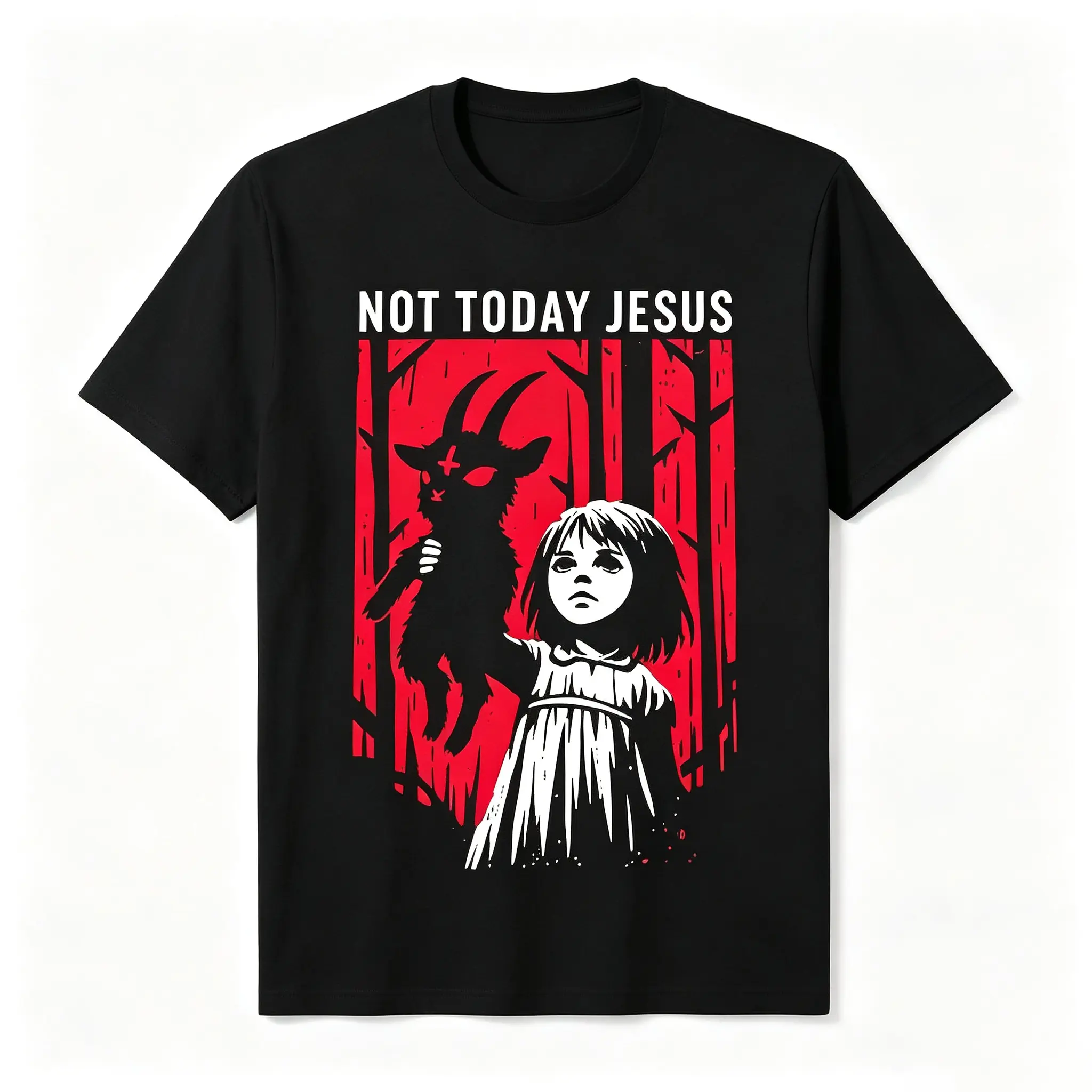 Not Today Jesus Dark Gothic Occult T-Shirt, Alt Emo Punk Devil Goat Girl Graphic Tee, Grunge Horror Red Black Aesthetic Cotton Top, Edgy Goth Subculture Casual Streetwear Gift