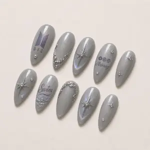 BTS Arirang Press On Nails, 2026 Comeback Silver Cat Eye Art, 3D Silver Star Chrome, Industrial K-pop Custom Gel False Nails