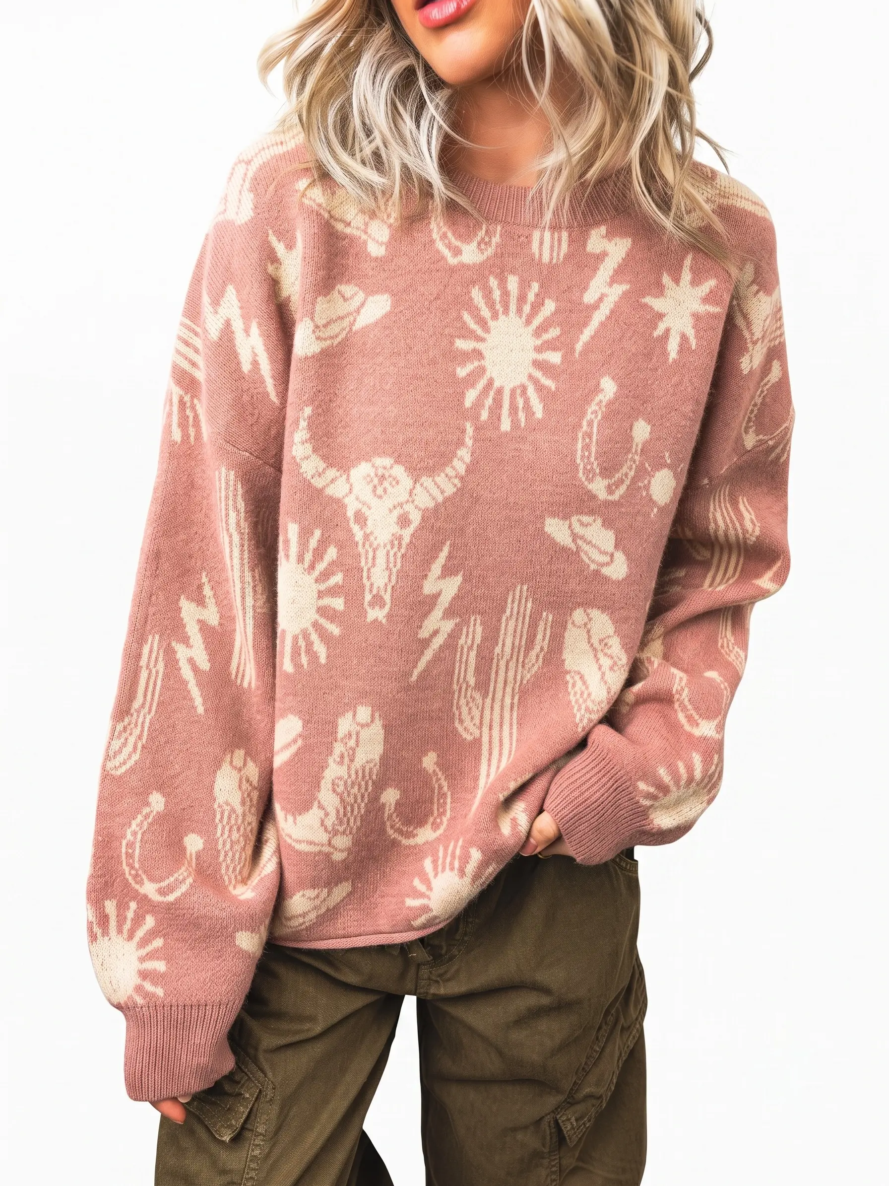 Women's Western Print Oversized Sweater Drop Shoulder Crewneck Boho Graphic Knit Pullover Top