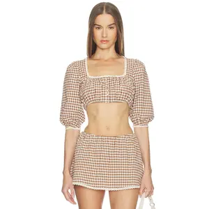 LOBA Ann Gingham Top in Brown & White