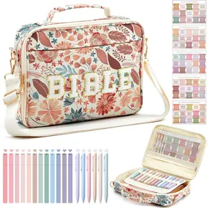Large Bible Cover Case for Women, Bible Study Supplies Journaling Kit Chenille Letter PU Leather with Tabs Gel Pen Highlighters with Strap Easter Mothers Day Christian Gifts for Women Mom(Flower)