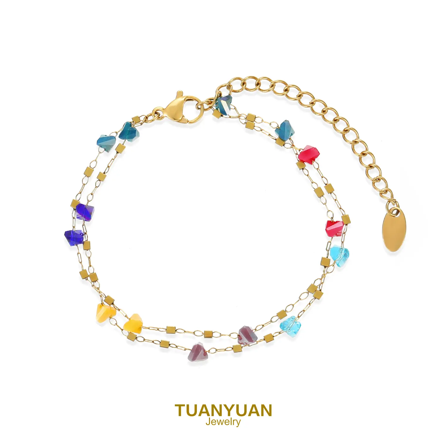Rainbow Crushed Stone Beaded Bracelet | Dainty Gold Layered Chain | Aesthetic Boho Summer Jewelry Gift for Her