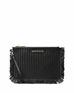 Pre-owned MICHAEL KORS Leather Small Leather Goods Jet Set Woven Large Zip Pouch Clutch Wristlet&Gift Box