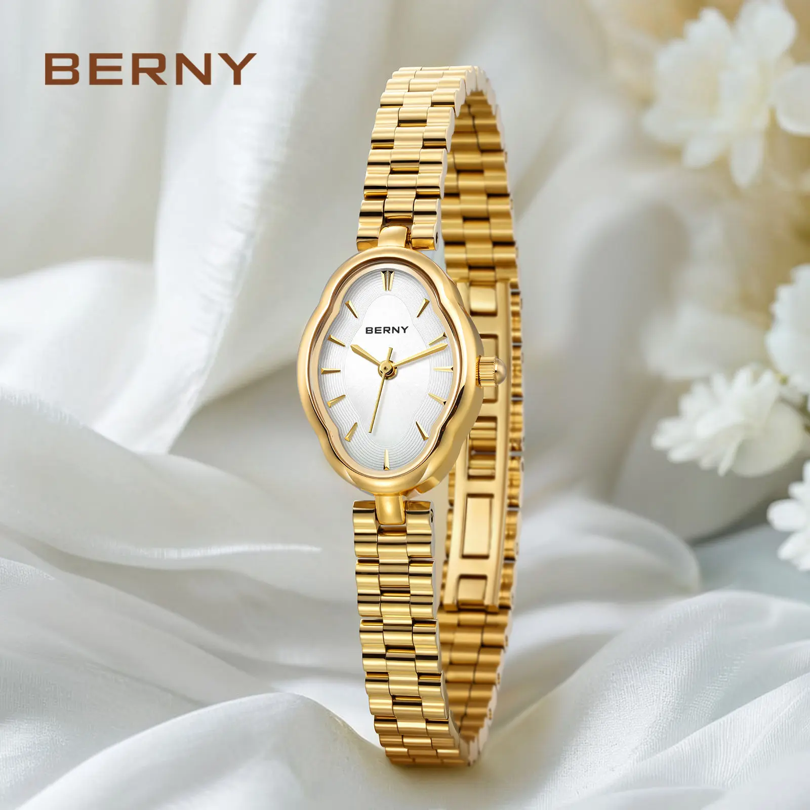 BERNY Gold Women's Watches Vintage Dainty Ladies Quartz Watch Flower European Mirror Shape 3ATM Waterproof Stainless Steel Adjustable Bracelet Female Wrist Watch Elegant Jewelry Christmas Anniversary Gift for Her, Reloj de Mujer, Summer Accessories