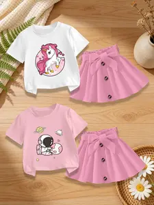 4 Pieces, Girls Casual Cute Crew Neck Short Sleeve T-shirt and Skirt Set, Planet, Astronaut and Long-haired Unicorn Pattern Print, Cute Blast Summer Sweet Outfit!