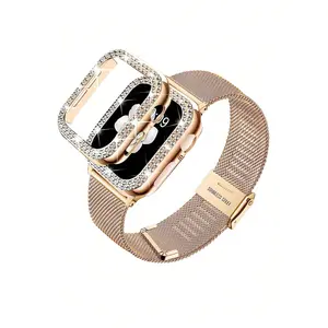 1pc Apple Watch Band Apple Watch Strap Apple Watch Case Stainless Steel Mesh Band Women Waterproof Breathable Crystal Rhinestone Shockproof Shiny Watch Protective Case Replacement Band Compatible With Apple Watch Ultra/SE/8/7/6/5/4/3/2/1 Gen Smartwatch 3