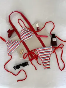 American Retro Striped Tie Bikini, Triangle Top Bikini, Triangle Cup Split Swimwear, Beach Pool Vacation Swimsuit, Sexy Girl Bathing Suit, String Swimsuits