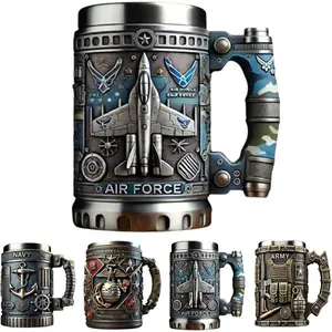 Military 3D Mug, Handmade Army Themed Coffee Mug with Stainless Steel Liner, Beautiful Army Style Tankard for Men & Soldiers, Unique Veteran Tribute Gift,10 Oz, Resin & Metal (Style-C)