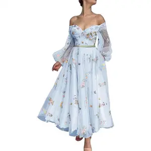 Prom Dresses for Women 2025 Puffy Sleeve Flower Embroidery Tulle Formal Gowns Homecoming Dresses