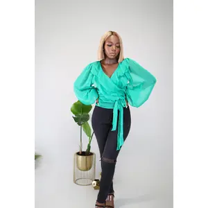 Prissy Green Ruffled long sleeve Wrap Blouse