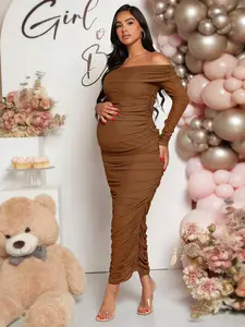 Loomaby 1pc Pregnant Women's Solid Color Pleated Off Shoulder Elegant Long Sleeve Dress, For Maternity, For Baby Shower
